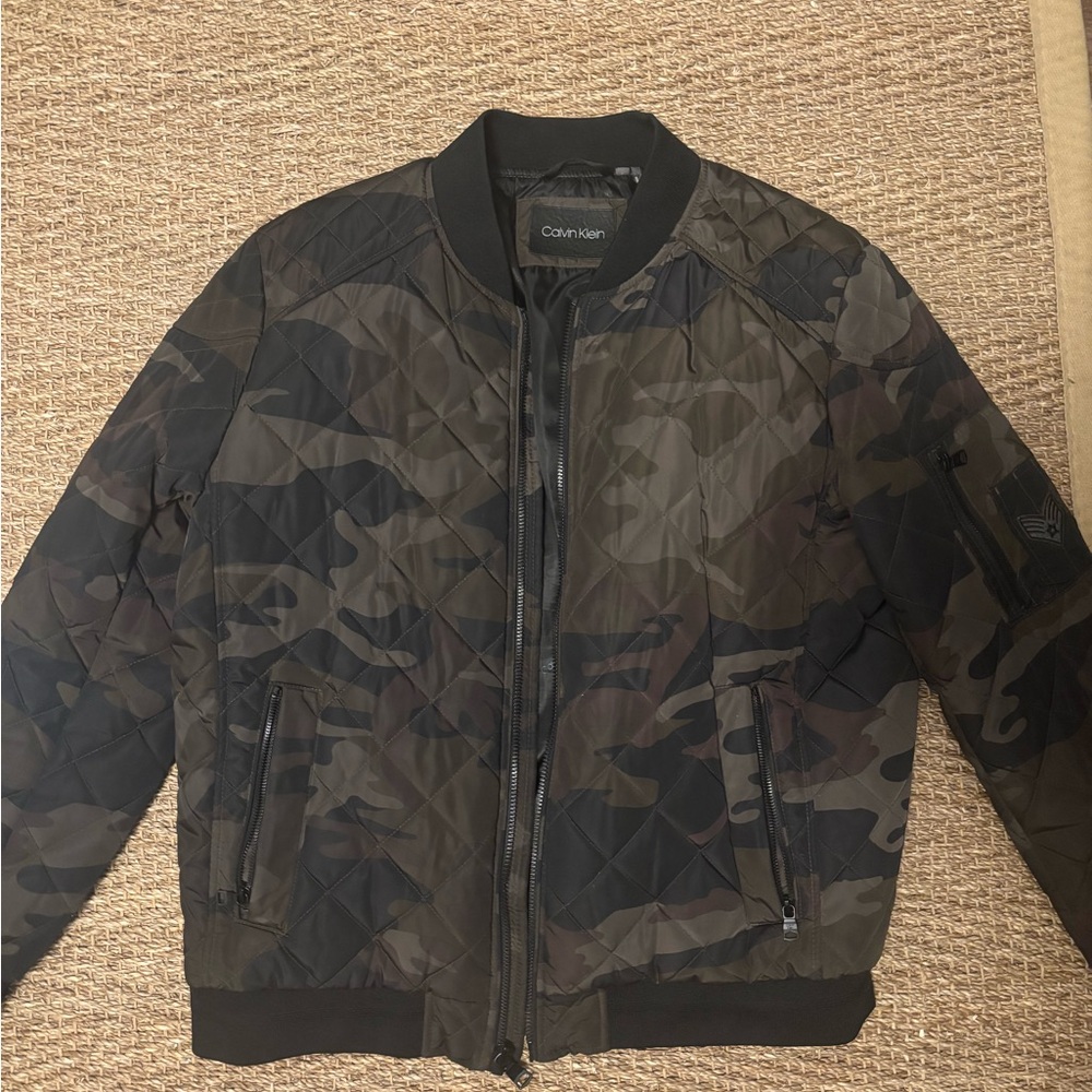 Calvin Klein Men's Black and Brown Quilted Bomber Jacket